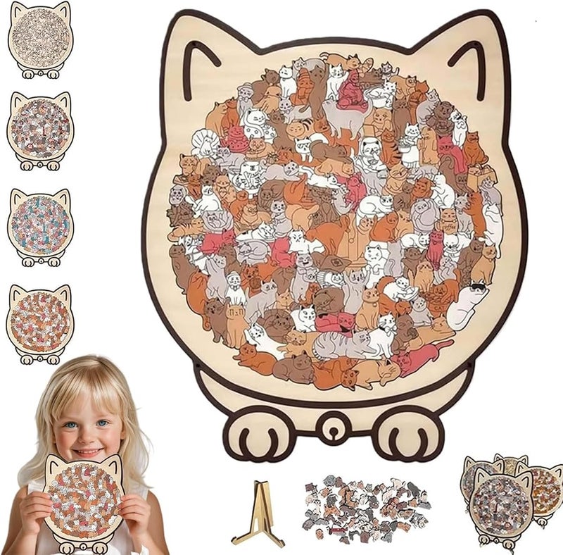 لغز خشبي على شكل قطة بنية 135 قطعة قطط حيوانات فريدة ديكور منزلي هدية - Image 1